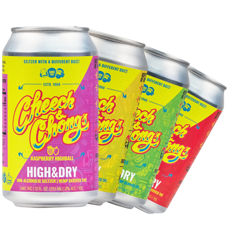 Four colorful cans of Cheech & Chong's High & Dry - Mixed Pack raspberry highball, alcoholic seltzer, displayed in a slanted arrangement with bright, vibrant designs.